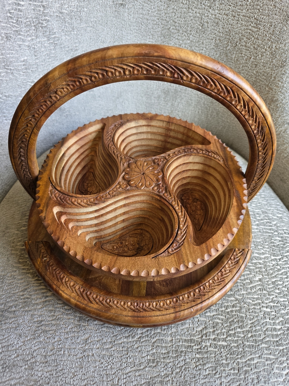 Source Unknown Carved Wooden Divided Serving Basket in Brown